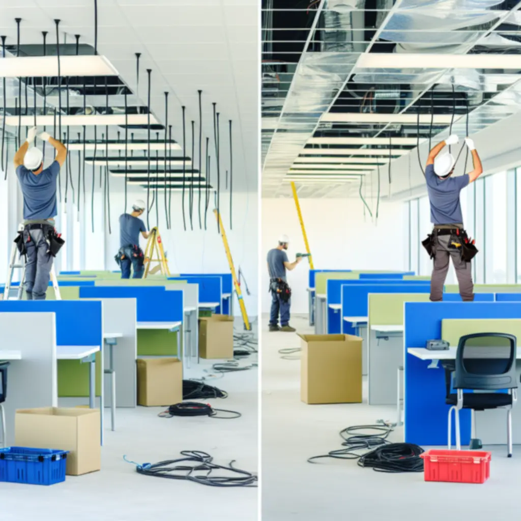 Nowoczesne oświetlenie biurowe zamontowane przez Electric Service PL w przestrzeni typu open space